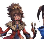  1boy 1girl :d brown_eyes brown_hair dark-skinned_female dark_skin freckles hair_ornament happy long_hair long_sleeves looking_at_another phantom_ix_row simple_background smile solo_focus taliyah teeth upper_body upper_teeth_only white_background yasuo_(league_of_legends) 