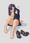  1girl absurdres aiharararara arm_support barefoot black_dress black_footwear blunt_bangs cross dress eyelashes feet full_body grey_background hand_on_own_knee heart highres kannagi knee_up legs loafers long_hair long_sleeves nun on_ground one_eye_closed parted_bangs purple_eyes purple_hair shadow shoes shoes_removed signature sitting socks_removed solo thighs toenails toes tongue tongue_out zange 
