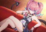  1girl absurdres aqua_hair armpits bare_shoulders black_gloves black_skirt blue_eyes breasts budesonide can chinese_commentary choker closed_mouth commentary commentary_request couch crossed_legs feet_out_of_frame gloves hair_between_eyes highres holding holding_can honkai_(series) honkai_impact_3rd long_hair looking_at_viewer multicolored_hair nail_polish on_couch pink_hair rozaliya_olenyeva rozaliya_olenyeva_(fervent_tempo) shirt single_glove sitting skirt sleeveless sleeveless_shirt small_breasts smile solo spikes streaked_hair tail twintails white_shirt 