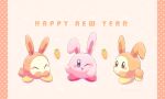  :&lt; :d ^_^ animal_ears blue_eyes blush blush_stickers brown_eyes carrot chinese_zodiac closed_eyes commentary_request english_commentary happy_new_year kirby kirby_(series) looking_at_viewer mixed-language_commentary nasubino_(ramowarabi) no_humans one_eye_closed open_mouth orange_background pillarboxed polka_dot polka_dot_background rabbit_ears rabbit_tail simple_background smile tail waddle_dee year_of_the_rabbit 