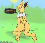  5_toes absurd_res anthro anus barefoot breasts butt dialogue digital_media_(artwork) eeveelution english_text feet female foot_fetish foot_focus fur generation_1_pokemon genitals hair hi_res humanoid_feet jolteon looking_at_viewer mammal nintendo nipples notsafeforvee nude open_mouth plantigrade pokemon pokemon_(species) pussy soles solo tail talking_to_viewer text toes yellow_body yellow_fur 