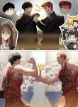  1girl 6+boys absurdres akagi_haruko anger_vein basketball_court basketball_uniform black_hair brown_hair chibi chibi_inset ha_ze hand_up high_five highres medium_hair mito_youhei multiple_boys muscular muscular_male noma_chuuichirou ookusu_yuuji red_hair red_shirt red_shorts rukawa_kaede sakuragi_hanamichi scene_reference school_uniform shirt short_hair shorts slam_dunk_(series) sleeveless sleeveless_shirt smile speech_bubble sportswear takamiya_nozomi tank_top very_short_hair 