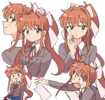  1girl blue_skirt brown_jacket doki_doki_literature_club dropping eating green_eyes highres jacket long_hair looking_at_viewer looking_back memosan monika_(doki_doki_literature_club) multiple_views orange_hair paper school_uniform sketch skirt smile solo very_long_hair white_background 