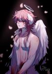  1boy androgynous angel angel_wings black_background blood blood_on_clothes blood_on_face closed_mouth expressionless facial_mark feathered_wings feathers halo heart heart_facial_mark highres kyupi_(mih0) long_hair looking_at_viewer male_focus mih0 original pink_background pink_hair pink_petals purple_eyes shirt solo white_feathers white_shirt white_wings wings 