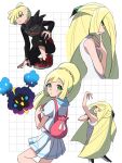  1girl 2boys absurdres ahoge backpack bag black_pants black_shirt blonde_hair braid commentary_request cosmog dress ear_piercing family fanny_pack french_braid gladion_(pokemon) green_eyes hair_over_one_eye high_ponytail highres holding_strap hood hooded_vest hoodie jayj_824 lillie_(pokemon) long_hair lusamine_(pokemon) multiple_boys multiple_views on_one_knee pants parted_lips piercing pink_bag pleated_skirt pokemon pokemon_(creature) pokemon_(game) pokemon_sm red_bag red_footwear shirt shoes short_hair short_sleeves skirt sleeveless sleeveless_dress tassel torn_clothes torn_pants torn_shirt very_long_hair vest white_dress white_shirt white_skirt 