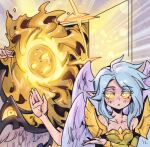  1girl 1other :o angel_wings bare_shoulders blush breasts collarbone colored_sclera glowing glowing_eyes grey_hair kayle_(league_of_legends) league_of_legends mask medium_hair phantom_ix_row pink_background sideways_glance small_breasts upper_body wings yellow_background yellow_eyes yellow_sclera 