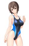  1girl absurdres black_eyes black_one-piece_swimsuit breasts brown_eyes cameltoe collarbone commentary_request competition_swimsuit contrapposto covered_navel girls_und_panzer head_out_of_frame highleg highleg_swimsuit highres large_breasts looking_at_viewer medium_breasts nishizumi_maho one-piece_swimsuit short_hair simple_background solo swimsuit takafumi two-tone_swimsuit white_background 
