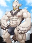  2023 absurd_res anthro avian bird breath_of_the_wild bulge city clothing digital_media_(artwork) entrapment feathers genital_outline hi_res looking_down maldu male micro muscular muscular_male nintendo rito solo speedo swimwear teba_(tloz) the_legend_of_zelda trapped_in_clothing trapped_in_underwear white_body white_feathers wings 