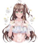  1girl abs ahoge bikini blurry blush bokeh bracelet breasts brown_hair cleavage closed_mouth collarbone commentary depth_of_field floating_hair floral_background flower frown green_eyes hair_between_eyes hair_flower hair_ornament heart heart_ahoge heart_hands highres jewelry long_hair looking_at_viewer medium_breasts messy_hair navel one_side_up original see-through simple_background swimsuit symbol-only_commentary unjem upper_body wavy_hair white_background white_bikini wind 