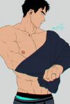  1boy abs bara black_hair black_shirt closed_mouth grey_background grey_pants kashikahaya large_pectorals male_focus male_underwear male_underwear_peek muscular muscular_male nipples original pants pectorals shirt short_hair simple_background solo underwear undressing 