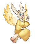  2023 3:4 4_fingers angel angel_gabby angel_hare anthro blazbaros blue_eyes clothing eyebrows eyelashes feathered_wings feathers feet female fingers freckles fur hi_res lagomorph leporid looking_at_viewer mammal open_mouth pink_nose rabbit simple_background solo white_background wings 