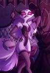  anthro avian bed bedroom bird cigarette clothed clothing detailed_background english_text feathers female furniture helluva_boss hi_res inside mlavieer owl owl_demon partially_clothed red_eyes solo standing stella_(helluva_boss) text text_on_clothing white_body white_feathers 