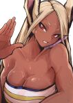  1girl animal_ears aosora2823 bare_arms bare_shoulders blush boku_no_hero_academia breasts cellphone cleavage collarbone crescent_print dark-skinned_female dark_skin hand_up highres large_breasts long_eyelashes long_hair looking_at_viewer mirko parted_bangs parted_lips phone rabbit_ears rabbit_girl red_eyes smartphone solo strapless sweat toned tube_top upper_body white_background white_hair white_tube_top 