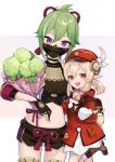  2girls age_difference black_gloves boots breasts cabbie_hat crop_top fingerless_gloves flower genshin_impact gloves green_hair hair_between_eyes hair_ornament hat highres klee_(genshin_impact) kuki_shinobu long_hair mask midriff mouth_mask multiple_girls navel pointy_ears purple_eyes red_eyes red_headwear short_shorts shorts smile stomach twintails yu_ri_0320 