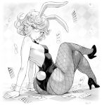 1girl animal_ears ass ass_focus black_leotard blush bow bowtie breasts card crossed_legs curly_hair detached_collar fake_animal_ears fake_tail fishnet_pantyhose fishnets highres leotard looking_at_viewer mogudan one-punch_man pantyhose petite playboy_bunny playing_card rabbit_ears rabbit_tail short_hair sitting small_breasts solo strapless strapless_leotard tail tatsumaki thick_thighs thighs wrist_cuffs 