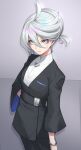  1girl ahoge black_pants blue_eyes bracelet closed_mouth cowboy_shot earrings formal grey_hair gundam gundam_suisei_no_majo hair_between_eyes hand_up highres jewelry long_sleeves looking_at_viewer miorine_rembran pants re_(re_09) short_hair solo suit 