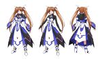  1girl absurdres breasts brown_hair commentary_request fingerless_gloves gauntlets gloves hair_ribbon highres large_breasts long_hair lyrical_nanoha mahou_shoujo_lyrical_nanoha_detonation mahou_shoujo_lyrical_nanoha_strikers oshimaru026 purple_eyes ribbon solo takamachi_nanoha takamachi_nanoha_(formula_ii) twintails white_footwear 