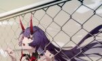  1girl absurdres bare_shoulders chain-link_fence cloud commentary_request fence floating_hair hands_up highres honkai_(series) honkai_impact_3rd horns kuo_(kuo114514) long_hair open_mouth outdoors portrait purple_eyes purple_hair raiden_mei sky solo very_long_hair x-ray 