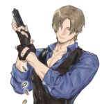  1boy absurdres blue_eyes blue_shirt brown_hair casing_ejection curtained_hair facial_hair fingerless_gloves gloves gun highres holding holding_gun holding_weapon leon_s._kennedy male_focus naijarski pectoral_cleavage pectorals resident_evil resident_evil_6 shell_casing shirt short_hair solo stubble trigger_discipline upper_body vest waistcoat weapon 