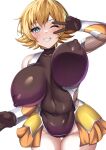  1girl absurdres bare_shoulders blonde_hair blue_eyes blush breasts covered_navel fishnets grin highres igawa_sakura large_breasts latex latex_leotard leotard ninja one_eye_closed parapetto revealing_clothes short_hair smile solo taimanin_(series) taimanin_asagi taimanin_suit v 