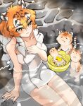  1girl 3others :3 =_= animal_ear_fluff animal_ears artist_name basin blush breasts collarbone commentary dated fang fang_out furry_other hair_between_eyes highres kemono_friends large_breasts long_hair looking_at_another multicolored_hair multiple_others naked_towel onsen orange_hair partially_submerged rubber_duck saijou_k siberian_tiger_(kemono_friends) sitting smile snowing tiger_ears towel twitter_username water wavy_hair white_hair yellow_eyes 