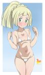  1girl artist_name bikini blonde_hair blue_background blush border braid clenched_hands closed_mouth collarbone commentary_request cowboy_shot eyelashes green_eyes hands_up highres lillie_(pokemon) long_hair metaminegl micro_bikini navel pokemon pokemon_sm ponytail shiny_skin smile solo spanish_commentary swimsuit white_bikini white_border 