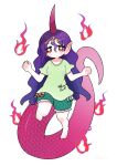  1girl barefoot commentary_request dotaku_(wran8845) fire full_body green_shirt green_shorts highres hitodama horns long_hair pink_horns pointy_ears purple_hair purple_horns red_eyes shirt shorts simple_background single_horn solo syringe t-shirt tenkajin_chiyari test_tube touhou very_long_hair wavy_hair white_background 