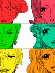  3boys 3girls black_eyes blush boa_hancock charlotte_pudding cigarette closed_mouth curly_eyebrows earrings flower hair_flower hair_ornament hair_stick hat highres jewelry kouzuki_hiyori long_hair looking_at_viewer looking_to_the_side matsu7matsu monkey_d._luffy multiple_boys multiple_girls one_eye_closed one_piece open_mouth profile roronoa_zoro sanji_(one_piece) scar scar_across_eye scar_on_cheek scar_on_face short_hair simple_background smile snake_earrings straw_hat teeth twintails white_background 