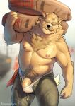  anthro bodily_fluids bottomwear canid canine canis clothed clothing domestic_dog genitals hi_res kokosetto male mammal mature_male open_bottomwear open_clothing open_pants pants penis solo sweat topless underwear 