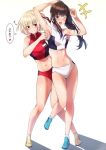  2girls bare_shoulders black_hair blonde_hair breasts buruma clenched_teeth commentary_request crossed_bangs cruzango0510 floating_hair grin gym_uniform hair_between_eyes highres inoue_takina large_breasts long_hair lycoris_recoil multiple_girls navel nishikigi_chisato one_eye_closed one_side_up open_mouth ponytail purple_eyes red_buruma red_eyes red_sports_bra shadow short_hair sidelocks simple_background small_breasts smile sports_bra stomach tearing_up teeth tickling translation_request white_background white_buruma white_sports_bra yuri 