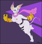  2023 5_fingers absurd_res anthro bandai_namco blue_eyes breasts clothing digimon digimon_(species) female fingers full-length_portrait fur gatomon gloves greasymojo handwear hi_res legband open_mouth portrait purple_body purple_fur signature solo thighband whiskers white_body white_fur 