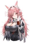  1girl animal_ear_fluff animal_ears arknights breasts cleavage cup gloves hair_ornament highres holding holding_cup horn/wood large_breasts long_hair long_sleeves looking_at_viewer pink_eyes pink_hair pozyomka_(arknights) simple_background solo steam upper_body very_long_hair white_background wolf_ears wolf_girl 