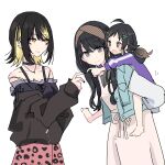  3girls aged_down ahoge animal_print barefoot black_choker black_hair black_jacket black_shirt blonde_hair blue_eyes blue_jacket blush brown_eyes brown_hair brown_hairband carrying choker commentary dot_nose dress gradient_hair hair_ornament hairband hairclip hand_up idolmaster idolmaster_shiny_colors ikaruga_luca jacket jewelry kazano_hiori long_hair long_sleeves looking_at_another low_twintails medium_hair mole mole_under_mouth multicolored_hair multiple_girls necklace open_mouth piggyback pink_skirt purple_jacket sakurakazamiya_himeno shiroshi_(denpa_eshidan) shirt short_hair sidelocks skirt smile track_jacket twintails two-tone_hair white_background white_dress white_sleeves yellow_eyes 