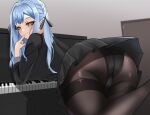  1girl ass bang_dream! bent_over black_panties black_ribbon black_shirt black_skirt blue_hair blurry blurry_background braid breasts brown_pantyhose buttons center_frills closed_mouth commentary_request cowboy_shot crotch_seam door finger_to_mouth frilled_shirt frills from_behind hair_ribbon hellz_(kari) highres indoors instrument leaning_on_object leg_up long_hair long_sleeves looking_at_viewer looking_back medium_breasts miniskirt panties panties_under_pantyhose pantyhose piano pleated_skirt ribbon shirt side_braid sidelocks skirt smile solo standing standing_on_one_leg thighband_pantyhose togawa_sakiko trefoil underwear upskirt yellow_eyes 
