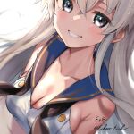  1girl absurdres alternate_breast_size armpit_crease bare_shoulders blonde_hair blue_sailor_collar breasts buttons cleavage collarbone cropped_vest crossed_bangs eckert&amp;eich eyes_visible_through_hair grey_eyes hair_between_eyes highres kantai_collection light_blush long_hair looking_at_viewer medium_breasts neckerchief open_mouth sailor_collar shimakaze_(kancolle) sidelocks signature simple_background sleeveless smile solo sparkling_eyes teeth twitter_username undone_neckerchief upper_body vest white_background 