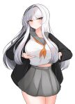  1girl absurdres black_jacket black_survival blush breast_lift breasts collarbone cowboy_shot eternal_return:_black_survival geah grey_skirt highres jacket large_breasts long_hair midriff_peek minami_rio miniskirt school_uniform shirt simple_background skirt solo tagme taut_clothes taut_shirt white_background white_hair white_shirt yellow_eyes 