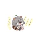  &gt;_&lt; 0725akaba 1girl afterimage animal_ears black_shorts brown_jacket chibi closed_eyes closed_mouth cup grey_hair highres holding holding_cup jacket leaf long_sleeves mode_aim ponpoko_(vtuber) raccoon_ears raccoon_girl raccoon_tail shorts simple_background solo striped_tail tail tongue tongue_out translation_request virtual_youtuber white_background 
