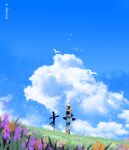  artist_name bird blue_sky cloud cloudy_sky day english_commentary field flower no_humans original outdoors reinforced scarecrow scenery sky 