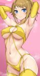  1girl armpits arms_up bare_shoulders bikini blue_eyes blush breasts brown_hair choker cleavage cleavage_cutout closed_mouth clothing_cutout collarbone commentary_request contrapposto cowboy_shot criss-cross_halter elbow_gloves female_pubic_hair garter_straps gloves groin gundam gundam_build_fighters gundam_build_fighters_try halterneck highres hoshino_fumina looking_at_viewer medium_breasts navel nirowata ponytail pubic_hair pubic_hair_peek short_hair sidelocks smile solo standing steaming_body stomach sweat swimsuit thighhighs underboob yellow_bikini yellow_choker yellow_gloves yellow_thighhighs 