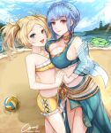  2girls :d absurdres beach bikini blonde_hair blue_bikini blue_eyes blue_hair blue_jacket blue_sky braid breasts brown_eyes cloud commentary commission cowboy_shot crown_braid day fire_emblem fire_emblem:_three_houses fire_emblem_awakening highres holding_hands innertube jacket large_breasts lissa_(fire_emblem) long_sleeves looking_at_viewer marianne_von_edmund multiple_girls navel nui_gurumi ocean sarong short_hair short_shorts shorts sky smile standing stomach swimsuit thighs twintails volleyball water yellow_bikini yellow_shorts 