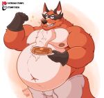  2023 anthro anthrofied belly biceps big_belly big_moobs bottomwear butter clothed clothing dairy_products eyebrows food fur generation_8_pokemon gloves handwear hi_res holding_food holding_object holding_plate looking_at_viewer male moobs musclegut muscular muscular_anthro muscular_male navel nintendo nipples obese obese_anthro obese_male overweight overweight_anthro overweight_male pancake pants patreon plate pokemon pokemon_(species) pokemorph simple_background smile solo standing star stompsthecroc sweatpants syrup teeth text thievul topless topless_anthro topless_male tuft twitch.tv url white_background 
