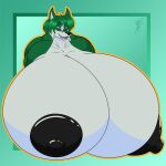  1:1 anthro big_breasts big_nipples black_nipples black_nose blue_eyes brasslion breasts canid canine eyebrows felid female fox fur green_body green_fur green_hair hair huge_breasts hybrid hyper hyper_breasts inner_ear_fluff mammal multicolored_body multicolored_fur multicolored_hair nipples open_mouth pink_tongue solo tongue tuft white_inner_ear_fluff 