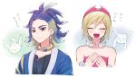  1boy 1girl :d adaman_(pokemon) black_shirt blonde_hair blue_coat blue_hair blush bracelet brown_eyes closed_eyes closed_mouth coat collar collarbone commentary_request earrings eyebrow_cut eyelashes glaceon hairband highres irida_(pokemon) jewelry leafeon mochi_(mocchi_p_2m) open_mouth partially_colored pink_hairband pink_shirt pokemon pokemon_(game) pokemon_legends:_arceus ponytail shirt smile strapless strapless_shirt translation_request upper_body 
