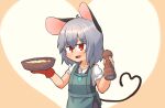  1girl ahoge animal_ears apron blush bowl commentary_request cowboy_shot crystal dress flat_chest food green_apron greenpiecerice grey_dress grey_hair hair_between_eyes heart heart_background highres holding holding_bowl jewelry long_bangs looking_at_viewer mittens mouse_ears mouse_girl mouse_tail nazrin open_mouth pendant pepper_mill pinafore_dress red_eyes red_mittens shirt short_hair short_sleeves single_mitten sleeves_rolled_up smile solo soup tail touhou white_shirt 