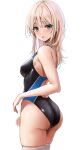  1girl ass black_one-piece_swimsuit blonde_hair blue_eyes breasts commentary_request competition_swimsuit from_behind highres long_hair looking_at_viewer looking_back medium_breasts one-piece_swimsuit original simple_background solo standing swimsuit thighhighs two-tone_swimsuit white_background white_thighhighs yukemuriganmo 