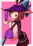  1girl ascot axe battle_axe black_feathers border brown_hair commentary feathers gloves hat_feather highres holding holding_axe holding_weapon looking_at_viewer okumura_haru outside_border parted_lips pekeponn persona persona_5 pink_background purple_eyes purple_gloves purple_headwear short_hair simple_background solo weapon white_ascot white_border 