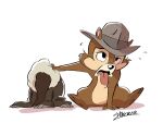  2023 anthro biped black_nose brown_body brown_fur cel_shading chest_tuft chip_&#039;n_dale_rescue_rangers chip_(disney) chipmunk clothing digital_drawing_(artwork) digital_media_(artwork) disney exhausted eyebrows fur ground_squirrel harara hat hat_only headgear headgear_only headwear headwear_only hi_res jacket male mammal mostly_nude multicolored_body multicolored_fur raised_inner_eyebrows rodent sciurid shaded signature simple_background sitting solo tan_body tan_fur tongue tongue_out topwear tuft two_tone_body two_tone_fur white_background 