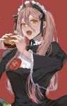  black_bow bow burger chainsaw_man cheese food highres holding holding_food horns long_hair long_sleeves looking_at_viewer maid maid_headdress open_mouth pink_hair power_(chainsaw_man) red_background red_horns ribbon sharp_teeth shimatori_(sanyyyy) simple_background teeth tomato twintails yellow_eyes 