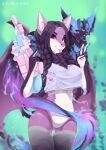  anthro bat braided_hair claws clothing crop_top female friends hair happy hi_res horn legwear liloli_(artist) long_hair mammal mane piercing purple_body purple_hair red_eyes ribbons shirt simple_background siri_(sirithebat) smile solo stockings summer swimwear tongue topwear toy toy_gun water_gun weapon white_body wings 