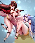  2girls absurdres bare_shoulders blue_eyes breasts brown_eyes brown_hair cleavage covered_navel fire_emblem fire_emblem:_mystery_of_the_emblem fire_emblem:_thracia_776 fire_emblem_heroes floating highres jaxdrawz large_breasts light_purple_hair linde_(fire_emblem) linde_(khadein)_(fire_emblem) long_hair looking_at_viewer multiple_girls official_alternate_costume open_mouth parted_bangs ponytail sara_(fire_emblem) sara_(khadein)_(fire_emblem) smile thick_thighs thighs 